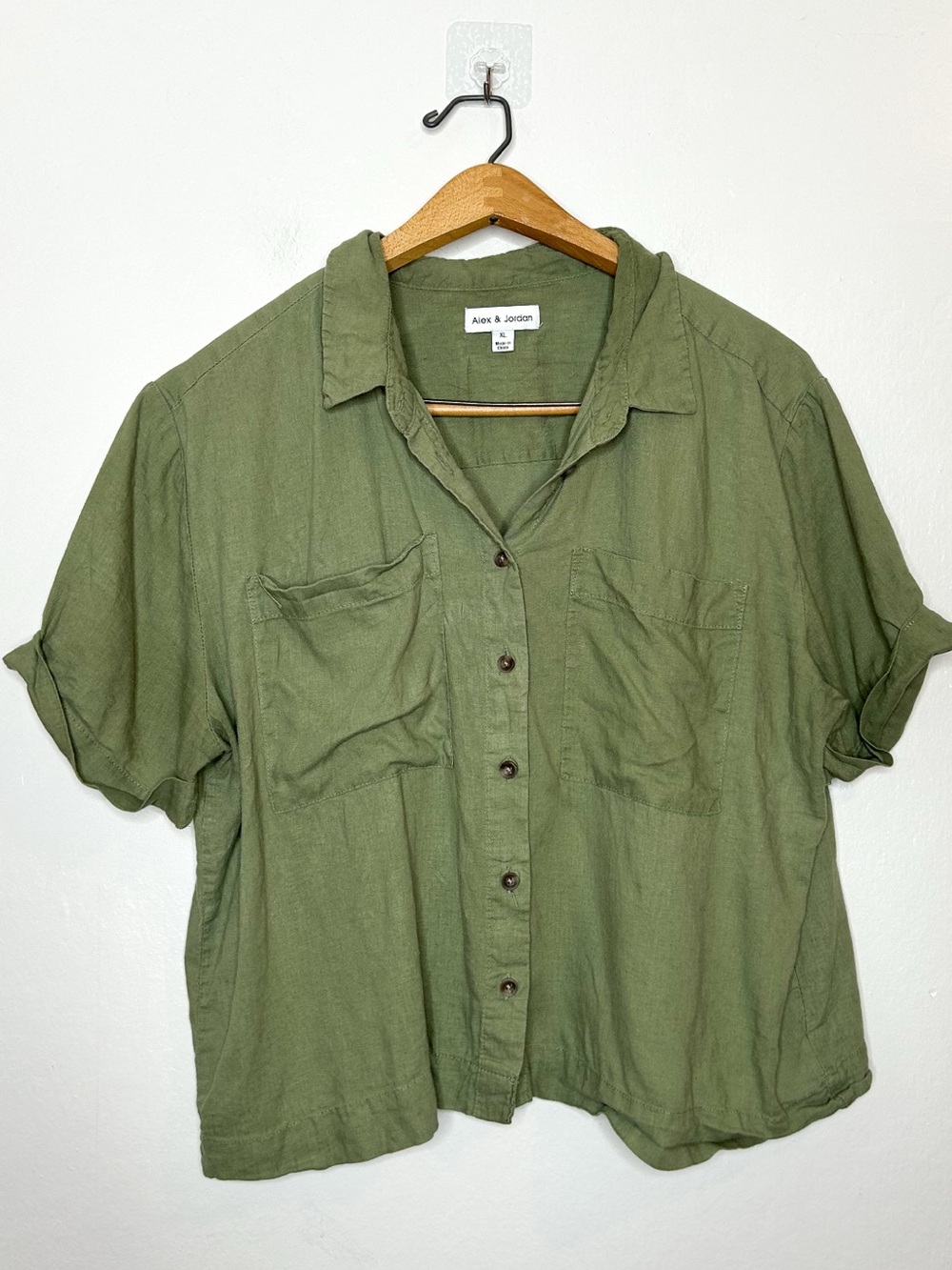 Alex & Jordan Womens Olive Green Boxy Short Sleeve Button Front Shirt XL